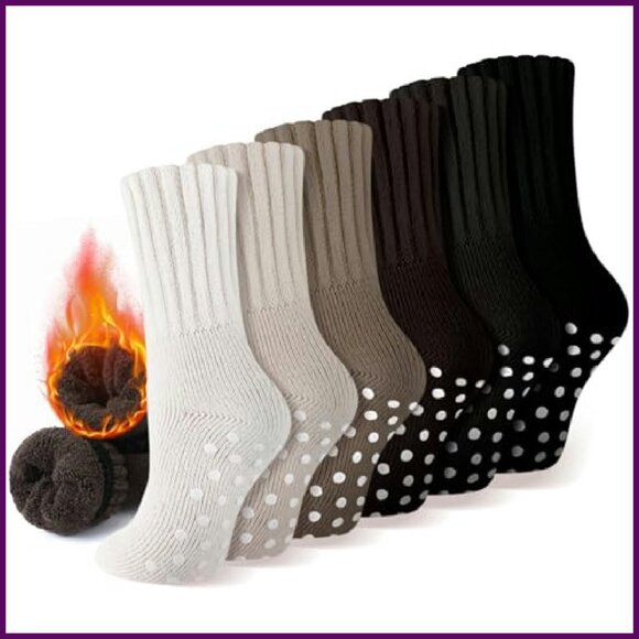 6 Pairs Thermal Slipper Socks with Grips, Thick Warm Anti-Slip, One Size - Picture 2 of 8